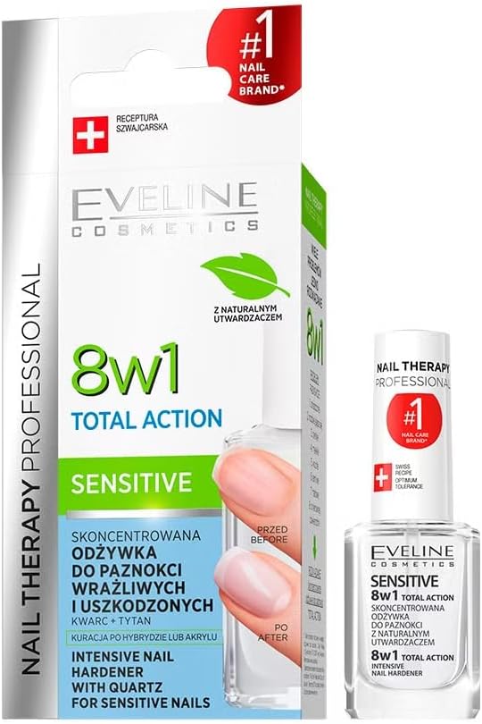 Eveline Cosmetics Nail Therapy Professional 8-in-1 Total Action Sensitive Nail Conditioner - Strengthens, Protects & Nourishes Brittle Nails with Quartz, 12ml