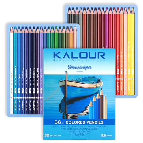 KALOUR PDAS 36-piece Blue Seascape Colored Pencil Set, Pre-sharpened Wooden Colored Pencils for Adults Artists Beginners Coloring Books Drawing & Sketching
