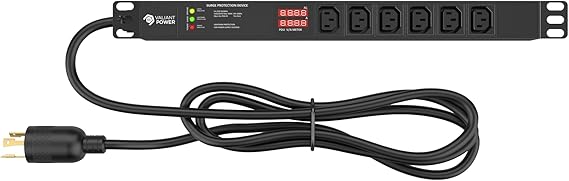 Rack Mount Power Strip - 240V 30A Single Phase PDU with Built-in Surge Protector, Volt & Amp Meter for Data Center - 19 Metal Housing, Ears & Fittings Included, 6 Cable, 6 Outlets