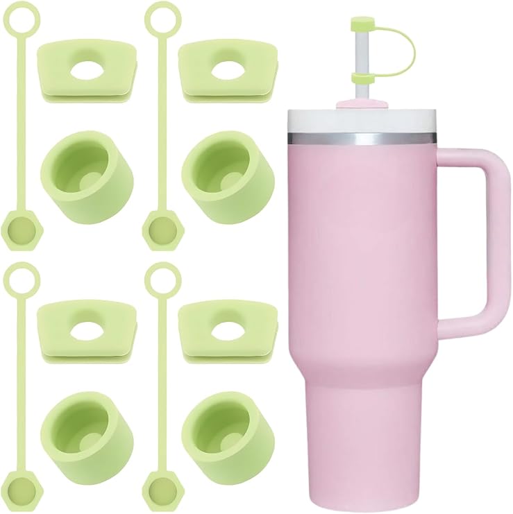 4 Sets (12 Pieces) Silicone Leak Proof Cover Set – Stanley Quencher 30/40 Compatible with Oz – Spill Proof Stopper and Straw Tip – Green Color