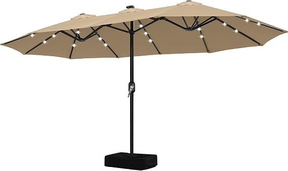 ABCCANOPY 15FT Solar LED Double-Sided Umbrella with Base, Khaki