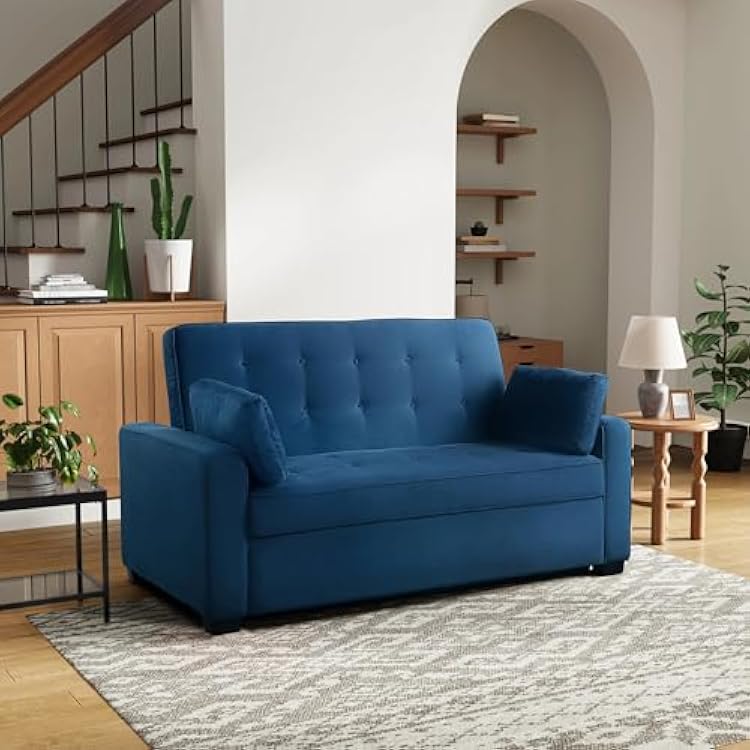 Serta Ainsley 66.5 Convertible Sleeper Loveseat, Full Size, Dreamcoil Comfort, Soft Velvet Fabric, Navy
