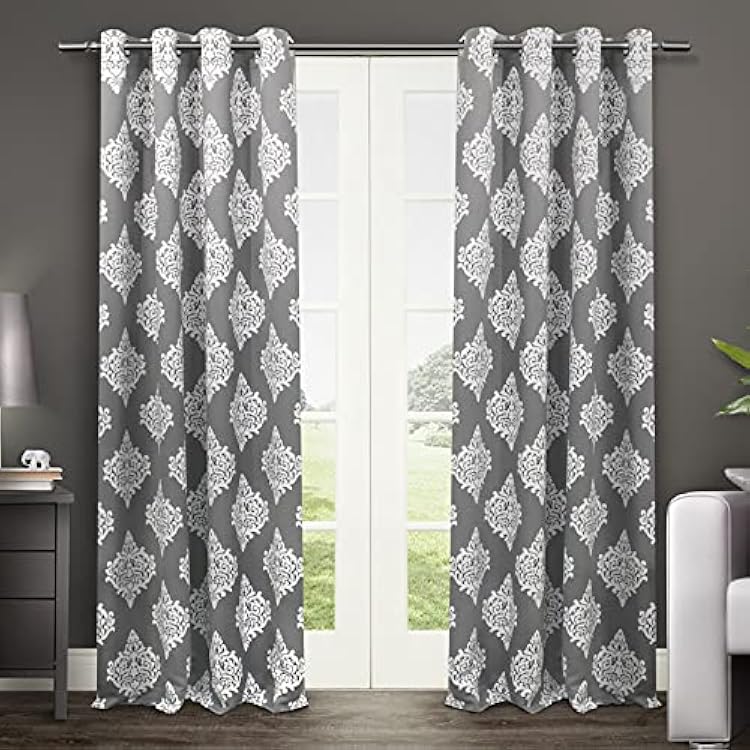 EXCLUSIVE HOME Medallion Room Darkening Blackout Grommet Top Curtain Panel Pair, 52x84, Black Pearl