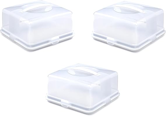 Airtight BPA-Free Reusable Cake Storage Box – Portable Cake Carrier with Handle & Lockable Lid | Food Storage Container for Cakes, Bakes & Desserts | Durable Plastic Multipack (Square Cake Box- 3Pack)
