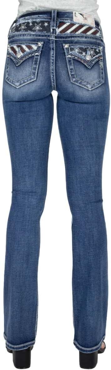 Miss Me Women's Mid-Rise American Stars and Stripes Embellished Bootcut Jeans with Faux Flap Pockets