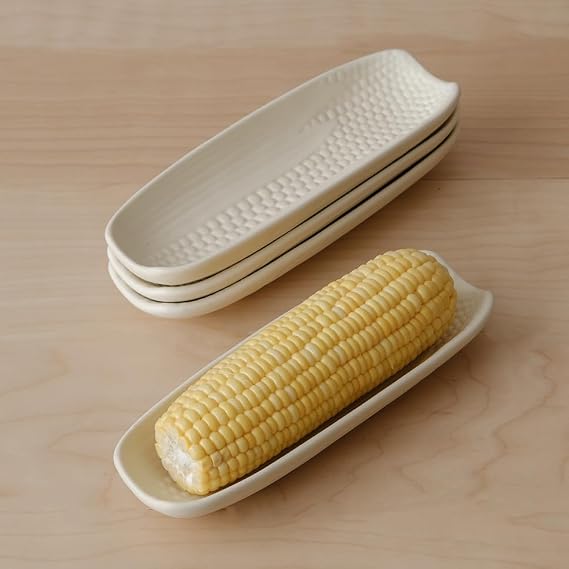 WENSHUO Ceramic Corn Dishes Set of 4, 9 Inch Long Serving Plates for Sushi, Dessert, and Side Dishes, Porcelain Corn on The Cob Holders, Microwave & Dishwasher Safe, Matte Creme