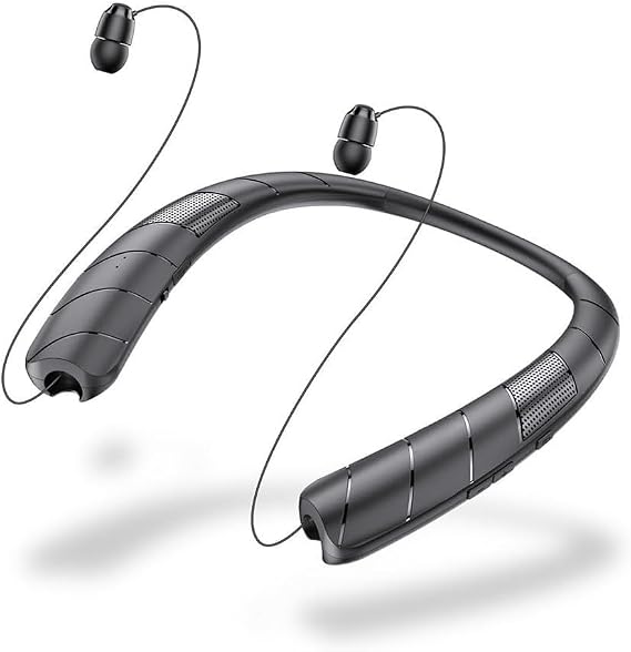 Retractable Neckband Bluetooth Headphones Neckband Earphone Wireless Earbuds 48H Playtime Built-in Speaker & IPX5 Waterproof, Auto-Coil Cord, Bilateral Stereo, Ultra-Light Comfortable Fit