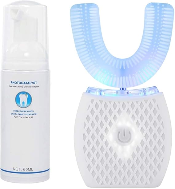 Maybuy Ultrasonic Automatic Toothbrush, Ultrasonic U-Shaped Toothbrushes for Adult, 360 Electric Sonic Tooth Brush with Automatic Timer, Wireless Charging Teethbrush Kit for Travel Or Home (White)