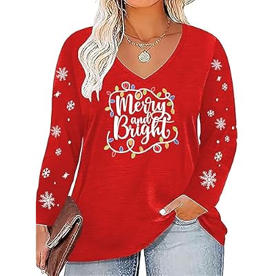 Women Plus Size Christmas Shirt Merry Bright Xmas Long Sleeve Tees Christmas Tree Print Casual V Neck Holiday Tee Tops