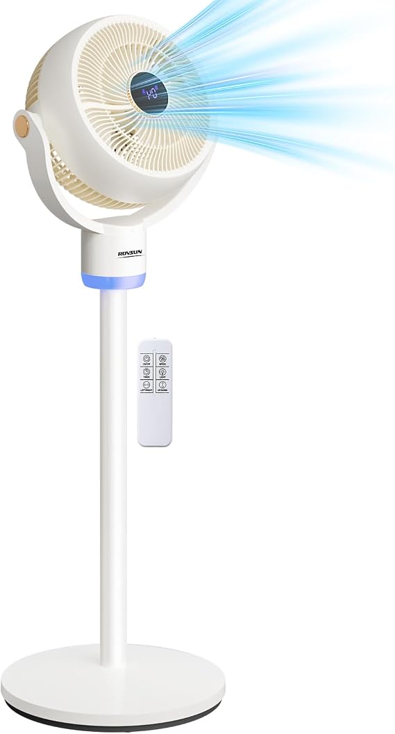 ROVSUN Standing Fan for Bedroom, 120+90Omni-directional Oscillating Fan, 40" Air Circulator, Pedestal & Tabletop Fan with Adjustable Height, Remote, LED Display, 3-Speed and 12H Timer, White