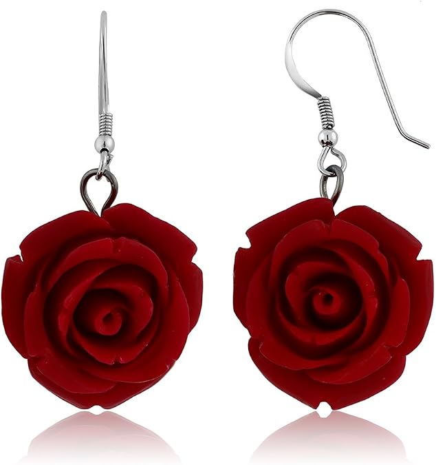 Gem Stone King 925 Silver Red Simulated Coral Carved Rose Flower Earrings | 925 Sterling Silver | Dangle Earrings for Women | Jewelry Gift for Women Mom Wife Her | 20MM