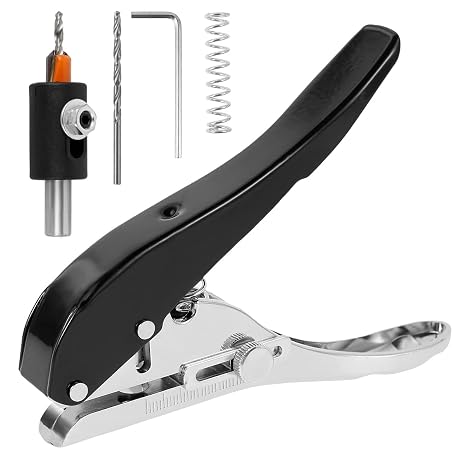 5 Pcs Single Hole Punch, 5/16inch Heavy Duty Hole Puncher, Edge Banding Punching Pliers Punching Tool with Limiters&Countersink Drill for Paper Cards, Hard Film, Thin Wood (Black)