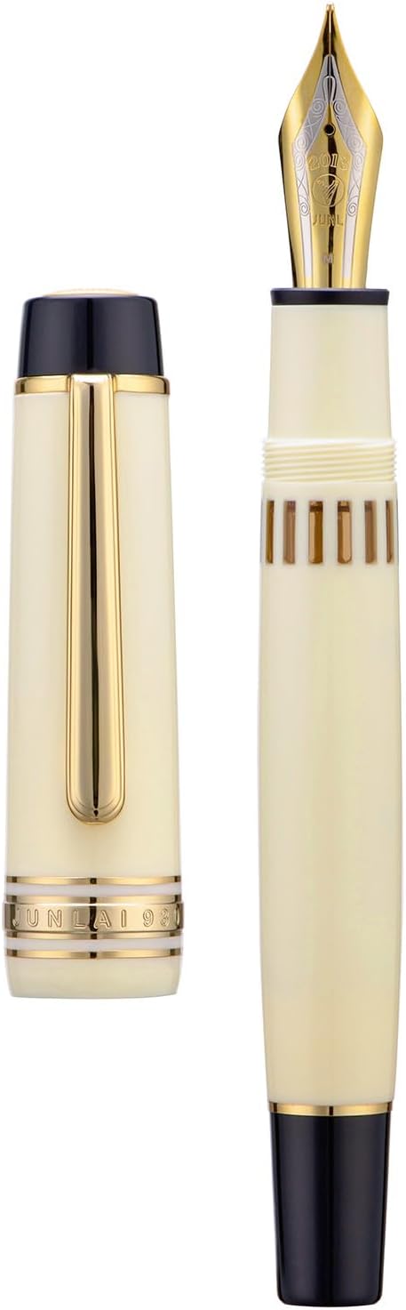 Wikult Yongsheng Junlai 930 Acrylic Fountain Pen, Size 9 Broad Nib with Piston Filling System, Ivory White Fence Ink Tank with Flat Top Design Smooth Writing Pen (Gold Trim)