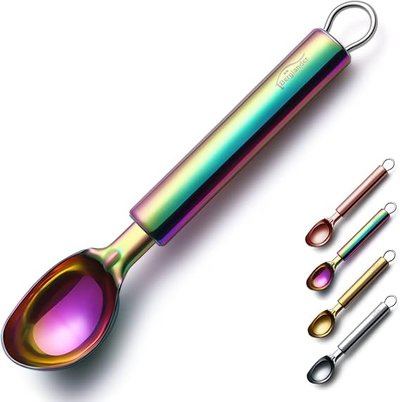Rainbow Ice Cream Scoop, Berglander Stainless Steel Cookie Scoop Melon Baller Scooper Cones With Titanium Colorful Plating, Specialty Tools and Gadgets, Ice Cream Spoon Food Scoop Dishwasher Safe