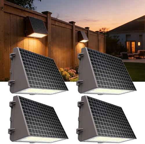 Lightdot Solar Wall Pack Light, Commercial 100W HPS Eqv with 12  11 Glass Solar Panel, Dusk to Dawn and Motin Sensor 5000K IP65 Outdoor Security Lights for Porch, Fence Garage, Warehouse, 4Pack