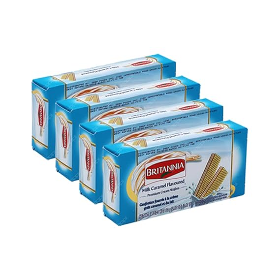Britannia Milk Caramel Flavoured Premium Cream Wafers 2.28oz (80g) - Breakfast & Tea Time Snacks - Crunchy, Healthy and Delicious (Pack of 4)