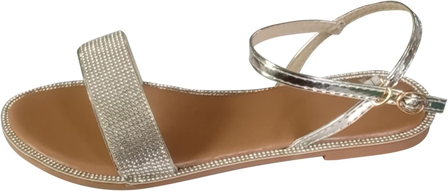 Hbeylia Crystal Sandals for Women, Summer Casual Rhinestones Open Toe Low Heel Gladiator Bohemia Flat Sandals Ankle Strap Dressy Beach Shoes