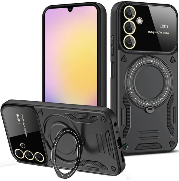 Coverzone Samsung Galaxy A36 ile uyumlu Kılıf Joy Joy Stand Olabilen Lens Korumalı 360° Derece Dönen Halak Yüzük Aparatlı Kapak Siyah