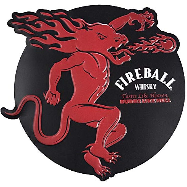 American Art Decor Embossed Metal Wall Art Sign - Room Decor for Bar, Man Cave, Garage, Game Room & More Fireball Whisky, 15.5 x 16 x 0.5