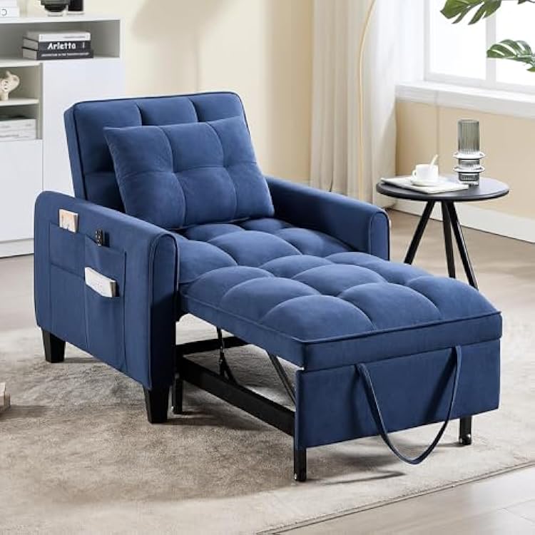 Convertible Sleeper Chair, 3 in 1 Sleeper Chair Bed Pull Out Sofa Bed Chair, Single Sofa Bed Adjustable Backrest Chairs Bed Sleeper for Adults Reading Living Room, Bedroom, Velvet Blue