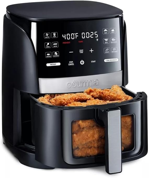 Gourmias 6 Qt Digital Window Air Fryer With 12 Presets, Guided Cooking, Touch Controls & Viewing Window Oil-Free Frying, Easy Clean, Black