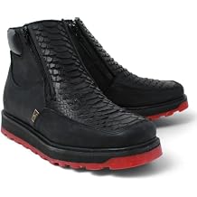 Mens Genuine Leather Square Toe Python Snakeskin Print Double Zipper Cowboy Western Boots - Red Sole