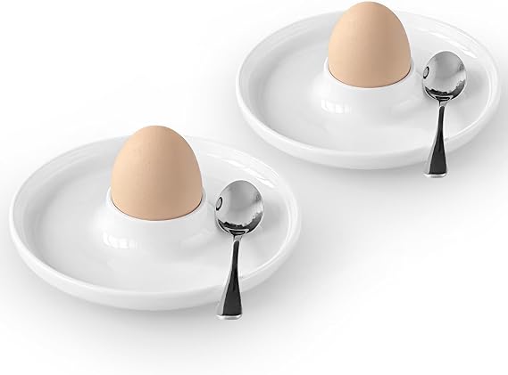 Cinf Egg Cup Set, 2 Ceramic Holders with Spoons, White Breakfast Tray | Complete egg serving set with ceramic cups and stainless steel spoons, white tray for boiled eggs, breakfast