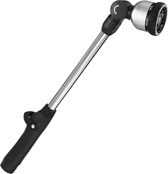 FANHAO Garden Hose Wand Heavy Duty, 16 Inches Metal Watering Wand with 8 Spray Patterns, 180 Rotating Long Hose Nozzle Sprayer Wand with Thumb Flow Control for Watering Hanging Baskets and Shrubs