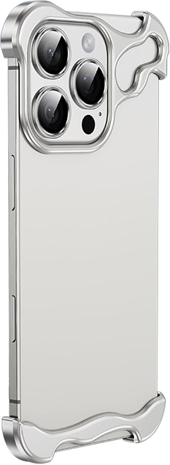 Minimalist Phone Case for iPhone 16/16 Pro/16 Plus/16 Pro Max, Special-Shaped Metal Corner Pad Anti-Fall Case with Lens Film Naked Frameless,16,Silver