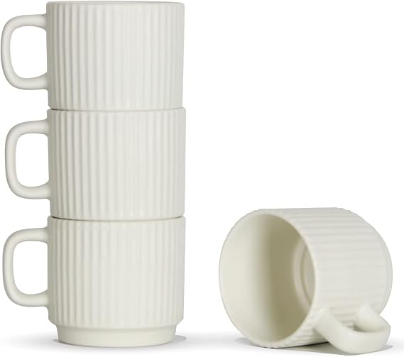 Stackable Coffee Mugs Set of 4, 7 OZ Espresso Ceramics Cups for Latte Cappuccino Cocoa with Handle, White