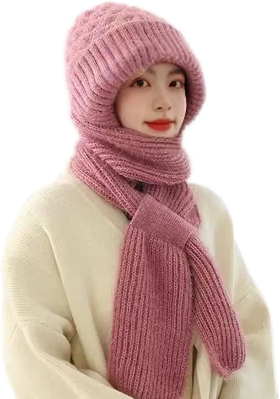 Women Winter Warm Elastic Soft Ear Protection Knitted Scarf Hat Fleece Lined Beanie Hat