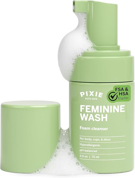 Pixie Feminine Wash Healthy Foaming Cleaner with Natural Ingredients More Foam Wash in Bottle Than Any Other Brand pH Balanced & Plant Based for Your Menstrual Cups and Discs, 2.5 Fluid oz