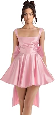 Stylefun Short Square Neck Satin Homecoming Dress 2026 HOCO Dress with Bow Cocktail Prom Gown STN023
