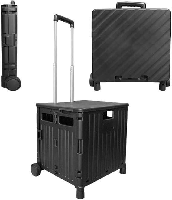 Berry 50 L Foldable Shopping Trolley - Black, 40 KG Plastic Trolley Cart with 2 Wheels and Lid, Portable Cart with Telescopic Handle, Large Multipurpose Utility Cart for Shopping, Teacher, Laundry