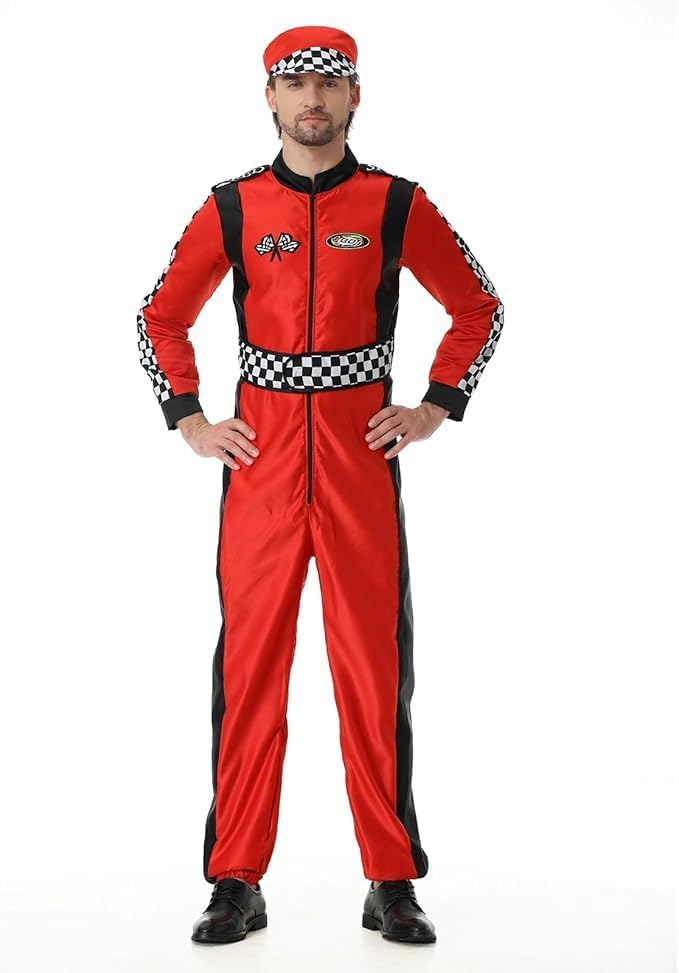 Mens RaceCar Driver Costume, Racing Car Driver Jumpsuit with Hat Set One Piece Racing Suit Adult Halloween Outfit