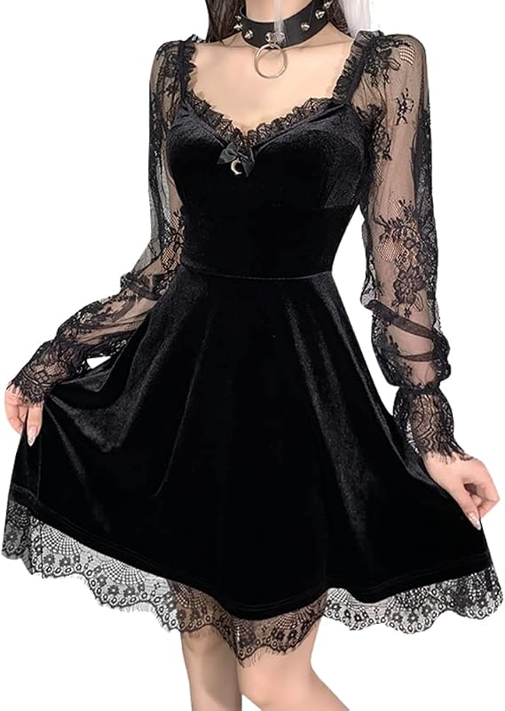 Women Gothic Lolita Dress Black Vintage Grunge Velvet Cocktail Party Dress Lace Patchwork Mesh Long Sleeve Punk Goth Dress