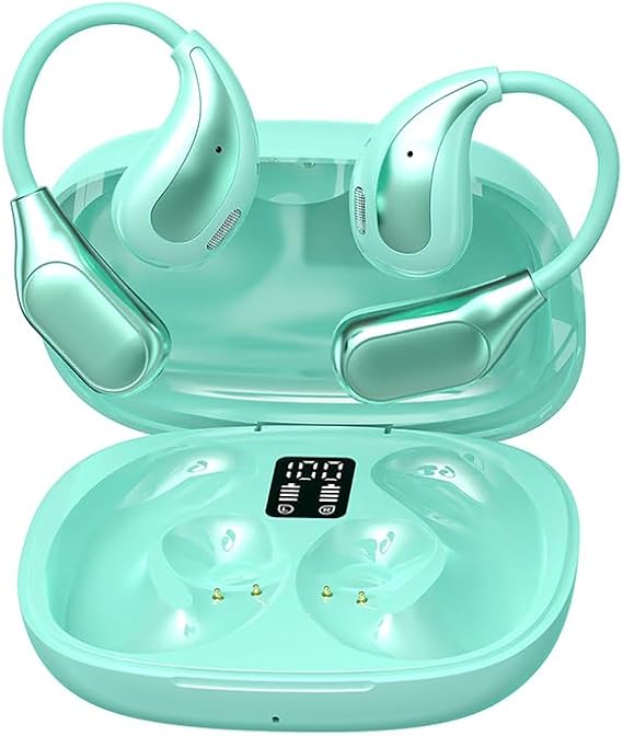 Open Ear Wireless Bluetooth Headphones, Sport Over Headset Built-in Mic, LED Display, Touch Control Earphones, IPX5 Waterproof for Sports Running Driving Cycling Green