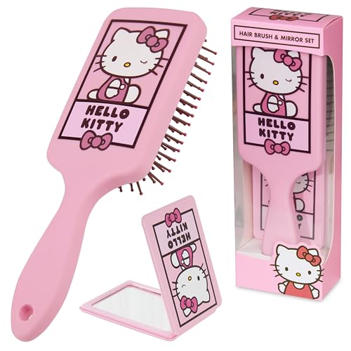 Hello Kitty Hair Brush and Compact Mirror Set, Kawaii Valentines Day Gifts for Women, Wife, Girlfriend, Girls, Teens, Detangler Brush, Kawaii Cute Stuff, Makeup Gifts Hello Kitty Brush & Mirror