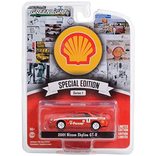 2001 Skyline GT-R R34 #1 Red with White Stripes Shell Racing Shell Oil Special Edition Series 1 164 Diecast Model Car by Greenlight 41125 D