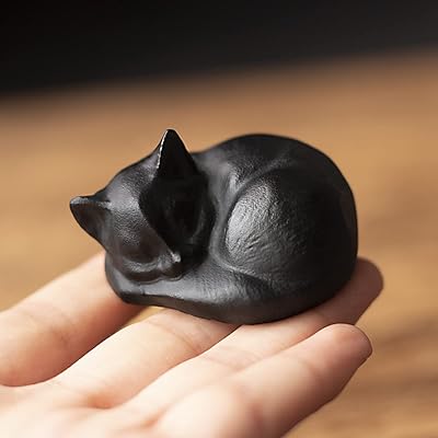 OwMell Tiny Sleeping Cat Statue Hand-Carved Healing Stone Gemstone Little Kitten Statue Figurine 2 - Black Obsidian