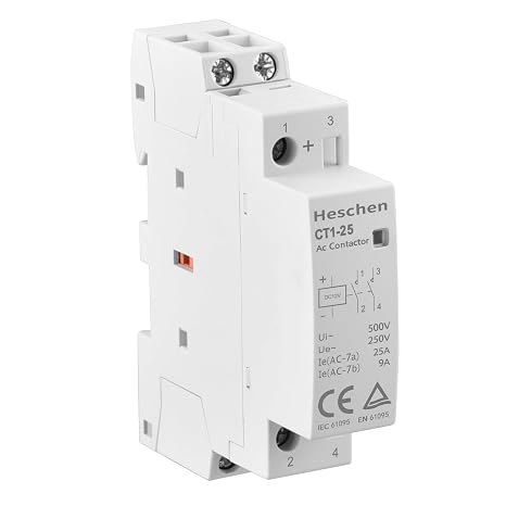 Heschen 25A 2 Pole Modular AC Contactor CT1-25, 12V DC Coil | 2NO (Normally Open), 35mm DIN Rail Mount, TuV Listed Reliable Relay for Household Lighting, HVAC & Low-Inductance Loads