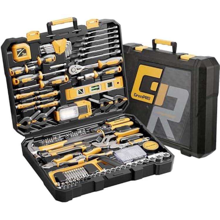 GRENPRO 218 Piece Tool Kit for Home, Tool Box with General Household Hand Tools Set, Herramientas with Screwdrivers, Wrenches, Hammer, Bow Saw, Folding Work Lamp, Electric Pen and Other Basic Tool Kit