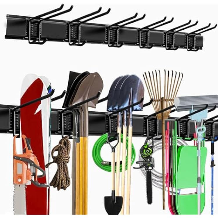 Garage Storage Rack Hooks, 48 Inch Heavy Duty Wall Mount Garage Organization with 3 Rails and 6 Adjustable Double Wall Hooks,Hanging Shelves for Garden ToolBroomMopBlack
