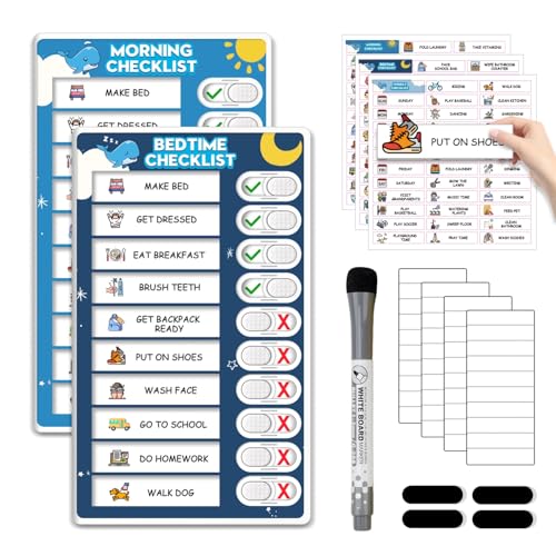 2 in 1 Upgraded Slider MorningBedtime Routine Chart for Kids Toddlers - Magnetic Kids Chore Chart for 2 Kids, Dry Erase Chore Chart for Kids, Visual Schedule for Kids with Cute Chore Stickers