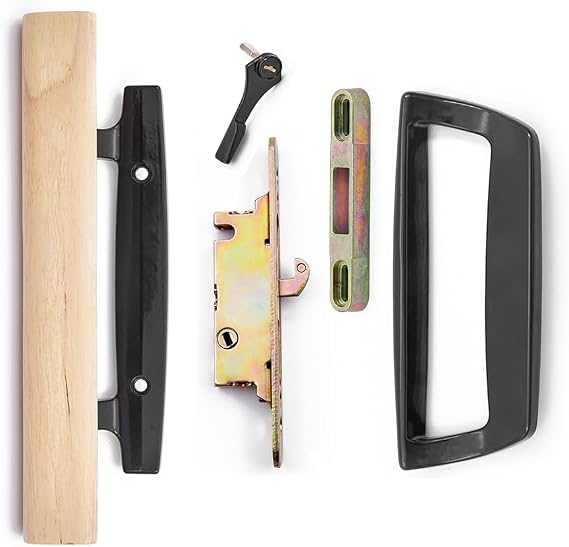 Sliding Glass Patio Door Handle Replacement Set with Mortise Lock 45 Keyway, Oak Wood and Zinc Diecast Lock Set Fits Door Thickness from 1-1/2" to 1-3/4", 3-15/16" H.C. Non-Handed (Black)