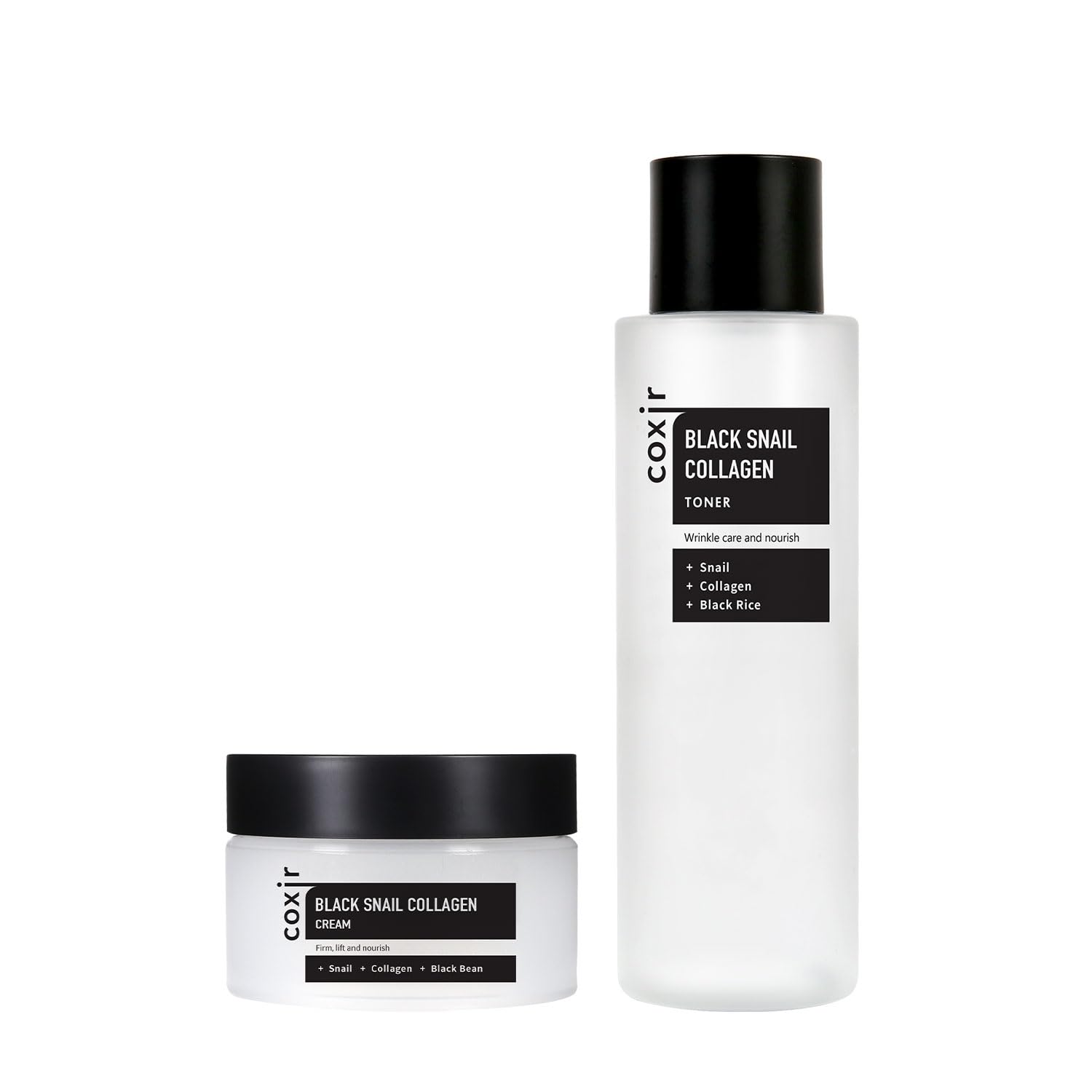 coxir BLACK SNAIL COLLAGEN CREAM 1.01 fl.oz  TONER 5.07 fl.oz l Snail Mucin, Black Rice, Collagen l Firming, Moisturizing, Skin Barrier, Korean Skincare