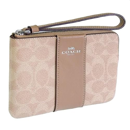 Coach CW854 COACH Womens Pouch, Outlet Brand, Corner Zip, Wristlet, Small Item, Signature Canvas, Striped, SANDTAUPE