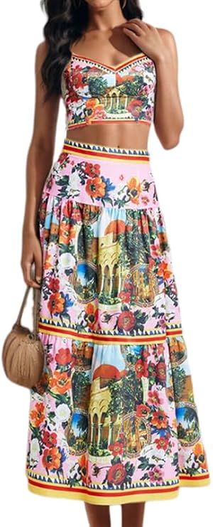 ksotutm Womens 2 Piece Skirt Sets Floral Summer Outfits Halter Tops High Wasit Maxi Skirt Sexy Lounge Sets for Vacation