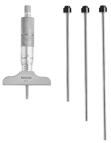 Mitutoyo 129-127 Depth Micrometer, 0-4" Range, 0.001" Resolution, 2.5" Base, 4 Interchangeable Measuring Rods (1 In/25.4mm increments), for Fine Measurements in Machining Applications | 2.5" Base, 4 Interchangeable Measuring Rods, 1 In/25.4mm Increments, For Fine Measurements in Machining Applications