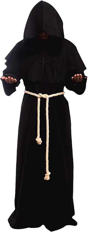 Medieval Priest Monk Robe Hooded Cloak Wizard Sorcerer Cape (XX-Large,Black Robe)